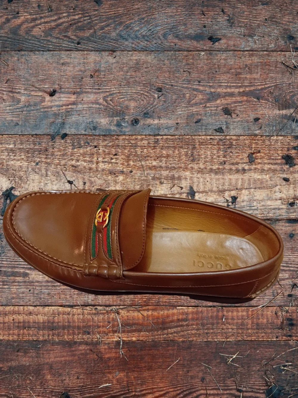 Gucci Tan Leather Loafers with Green and Red Stripe and Gold Hardware